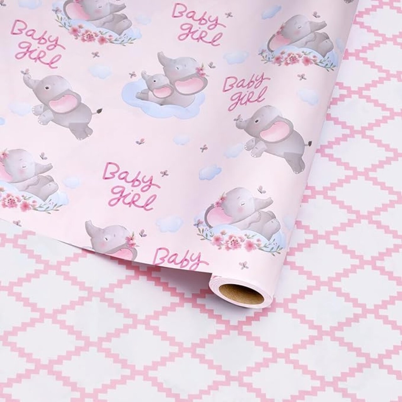 LaRibbons 17" X 33' Reversible Wrapping Paper | Baby Elephant w/ Quilted Back